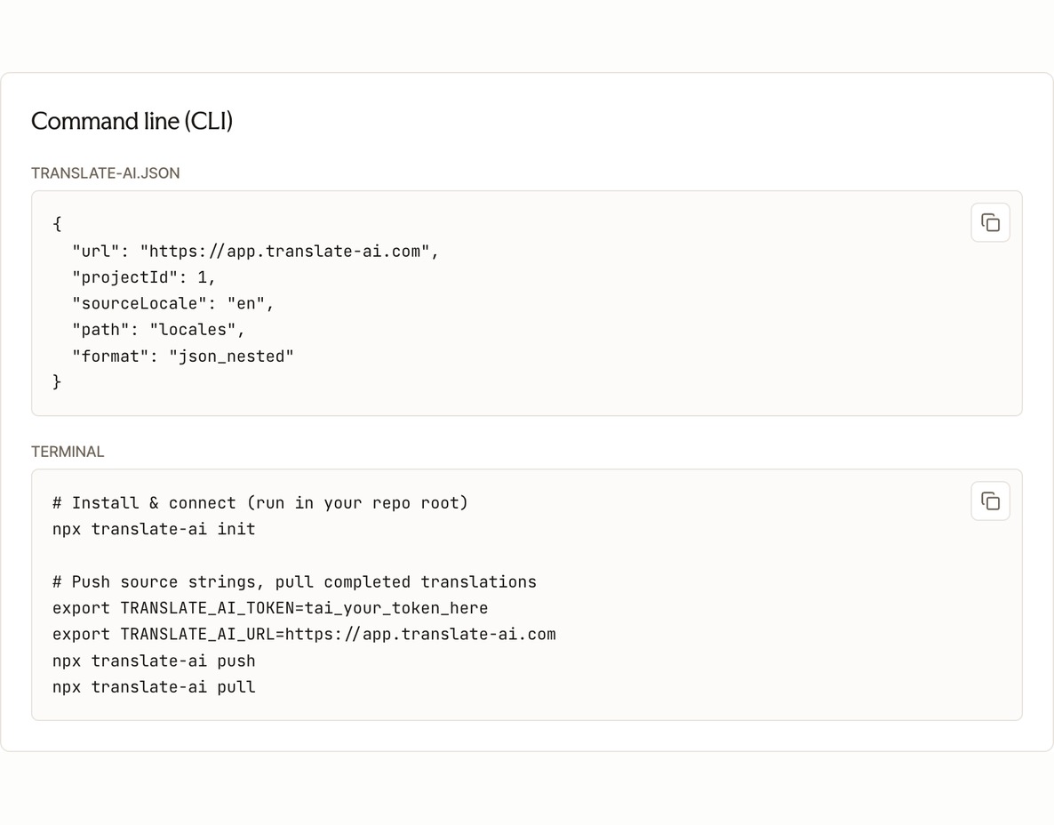 The transglot CLI: a transglot.json config and npx transglot init / push / pull in a terminal