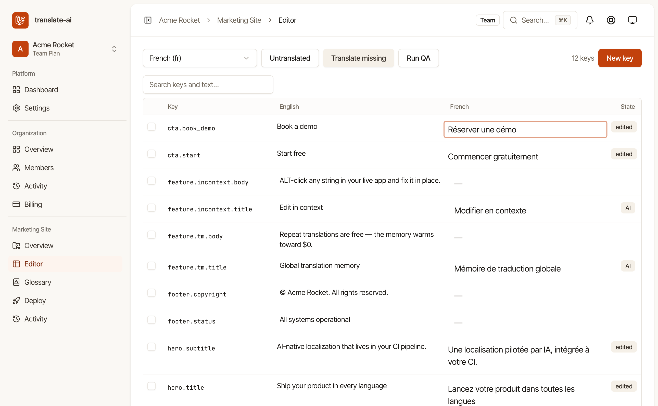 The transglot editor: translation keys, source English and French columns, and per-string review state