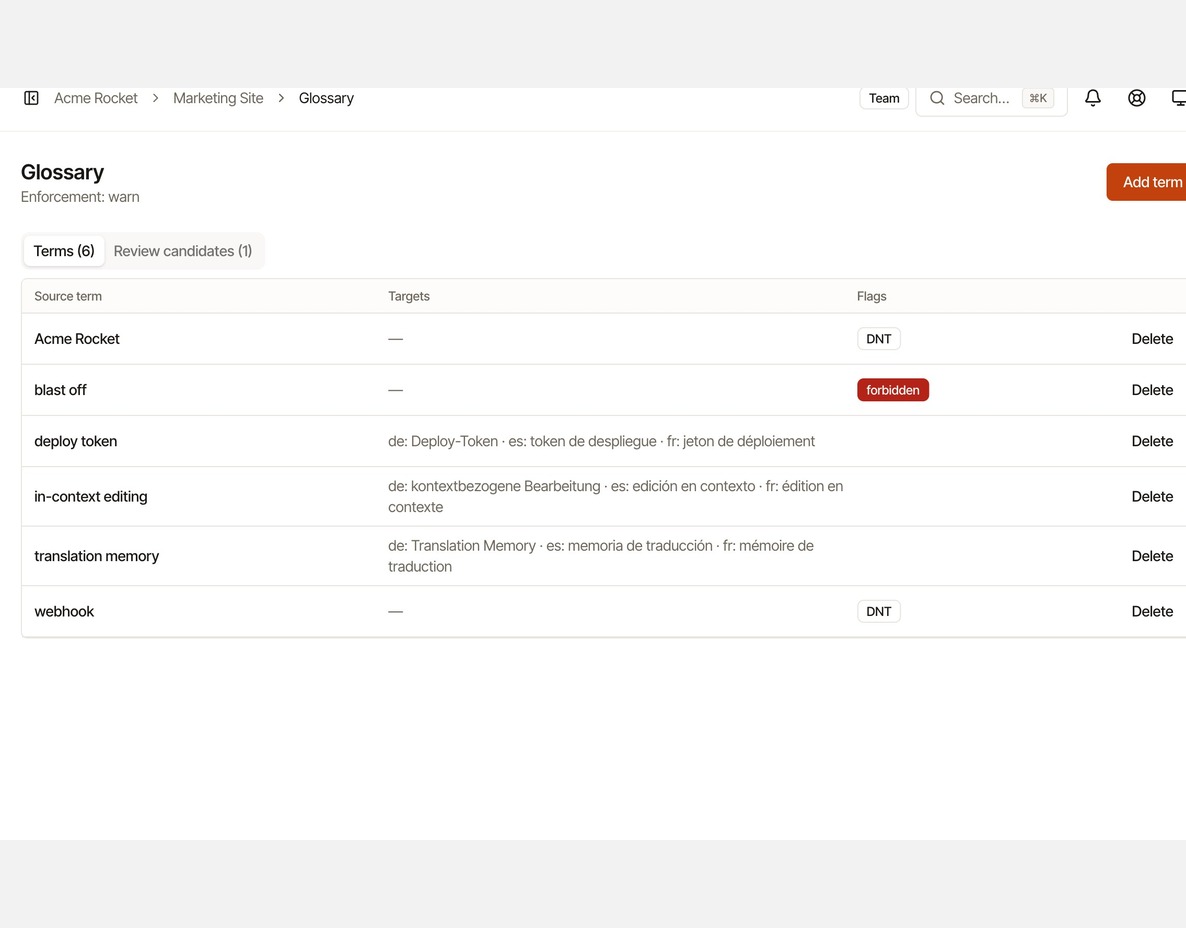 The project glossary: mandated targets per locale, do-not-translate terms, and a forbidden term
